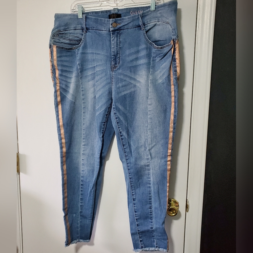 YSJ Queen Blue Womens High Rise Size 22W Jeans with Rose Gold Stripes